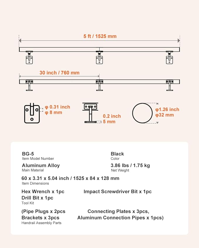 VEVOR Wall Mounted Stair Handrail, 5ft Pipe Staircase Handrail, Black Galvanized Aluminum, 1.26 inch Pipe Diameter, Indoor&Outdoor Staircase Railing,Industrial Hand Rail for Steps,Security Baluster