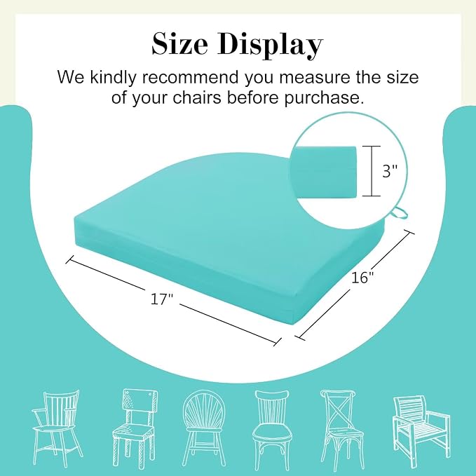 Cozyide Outdoor Chair Cushions, Waterproof Patio Seat Cushions with Adjustable Straps, Round Corner Patio Chair Cushions for Garden, Teal, 17x16x2 Inch (Pack of 4)