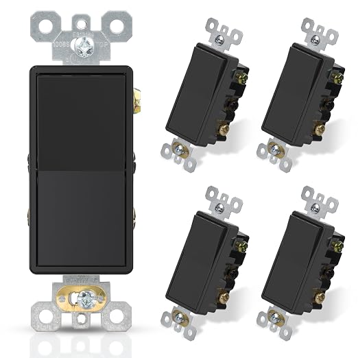 ELEGRP 4 Way Decorative Light Switch, 15Amp, 120-277 Volt, AC Decorator Rocker Paddle Wall Switch Replacement, Self-Grounding, Residential and Commercial Grade, UL Listed (5 Pack, Glossy Black)