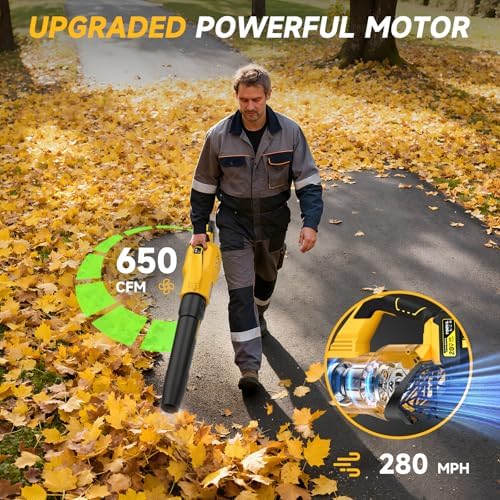 Leaf Blower Cordless, 650CFM Electric Leaf Blowers with 2 x 5.2Ah Batteries and Charger, 3 Speed Modes, 1 x Adjustable Shoulder Strap, Powerful Blowers for Lawn Care, Patio Cleaning, Blowing Leaves