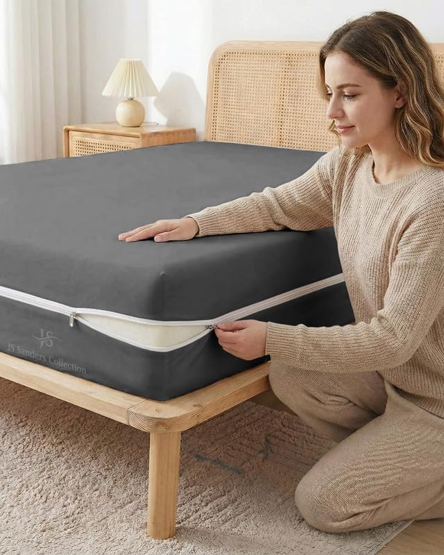JS Sanders Zippered Mattress Protector Queen Size – Soft 100% Egyptian Cotton, 600 Thread Count Deep Pocket Fitted Sheet Encasement Cover for Bed Breathable, 12-16 Inch Fit, Dark Grey 60x80