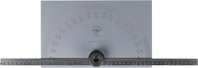 PEC Tools Stainless Steel Angle Protractor with Double Graduation, 6" Blade Length, 0-180 Range, Rectangle Head with Graduated Ruler, Made in USA