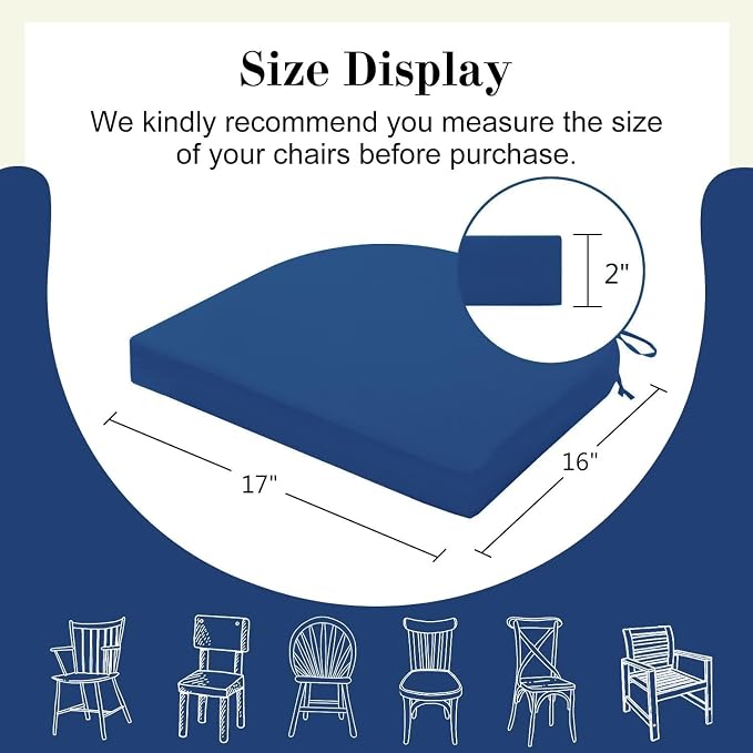 Cozyide Outdoor Chair Cushions, Waterproof Patio Seat Cushions with Adjustable Straps, Round Corner Patio Chair Cushions for Garden, Royal Blue, 17x16x2 Inch (Pack of 2)