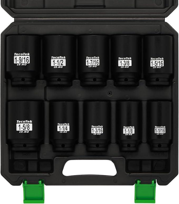 TecoTek 1/2" Drive Deep 6-Point Impact Socket Set, 10-Piece Deep SAE Spindle Axle Nut Impact Socket Set, Cr-Mo, 1-1/16-Inch to 1-5/8-Inch Size, Enhanced Storage Case