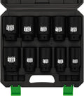 TecoTek 1/2" Drive Deep 6-Point Impact Socket Set, 10-Piece Deep SAE Spindle Axle Nut Impact Socket Set, Cr-Mo, 1-1/16-Inch to 1-5/8-Inch Size, Enhanced Storage Case