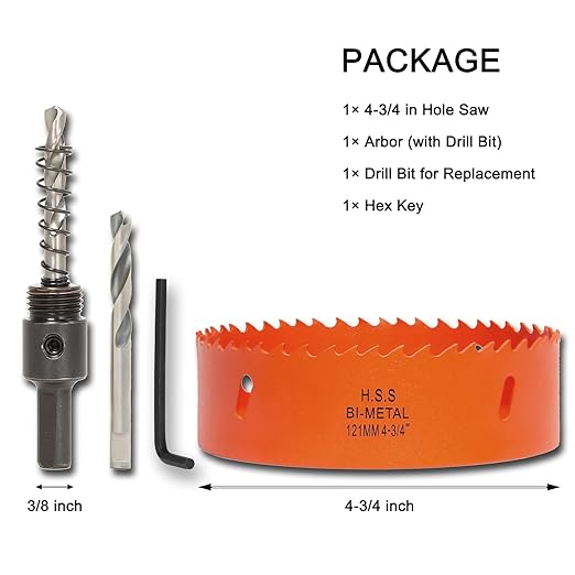 4-3/4 Inch Hole Saw with Arbor for Wood Metal Plastic, 4.75 in Bimetal Hole Cutter, Fast Chip Removal, Smooth Flat Drilling Edge