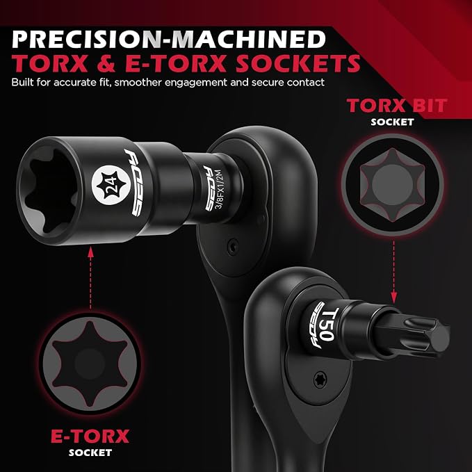 54-Piece Master Torx Bit Socket Set, T8-T70 Star Bits and E4-E24 E-Torx Sockets, Ratchet Wrench, 1/4" Bit Holder, S2 Steel Bits, CR-V Sockets, Extension Bars and Adapters for Auto Repair