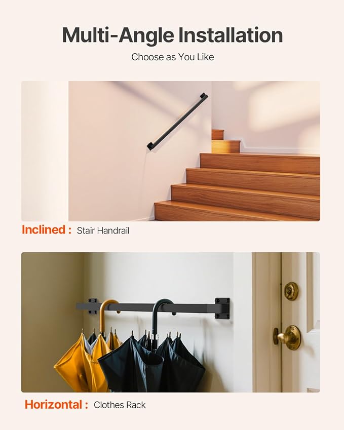 VEVOR Wall Mounted Stair Handrail, 3ft Black Iron Staircase Handrail Indoor, 250lbs Load Capacity, Industrial Railing Hand Rail for Steps, Square Tube for Loft Porch Deck, 2 Sections