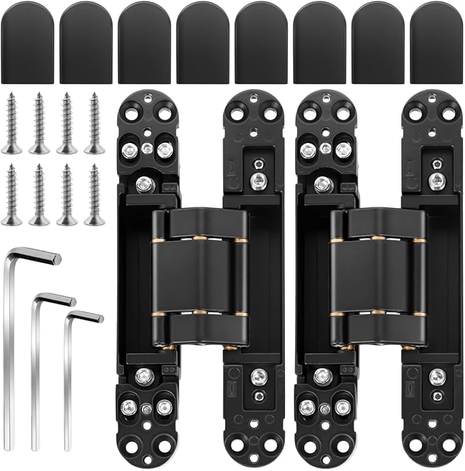 Onedaful 2 Kits 6 inch Stainless Steel Hidden Door Hinges Invisible Hinges for Door, 180 Degree Swing Concealed Hinges, 3 Way Adjustable & Heavy Duty for Secret Door (Load-Bearing Up to 170lbs)
