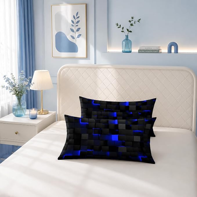 Nttopship Geometric Blue Black Comforter Set,Light Honeycomb 3 Piece Bedding Set Queen Size for Teen Boys,Modern Quilt Set Geometry Decor,Microfiber Lightweight 1 Comforter 2 Pillowcases All Season