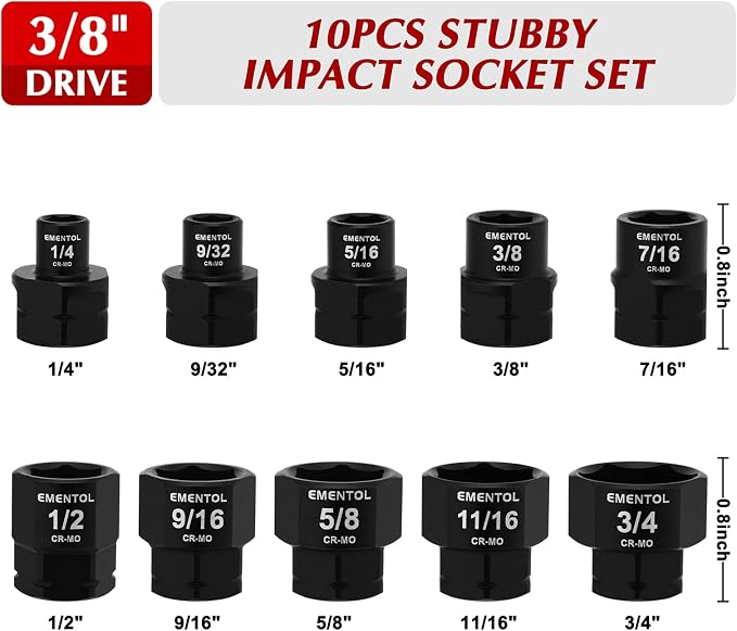 EMENTOL 3/8" Drive Stubby Impact Socket Set, SAE, 1/4"-3/4", Low Profile Impact Nano Sockets, 10-Piece, CR-MO