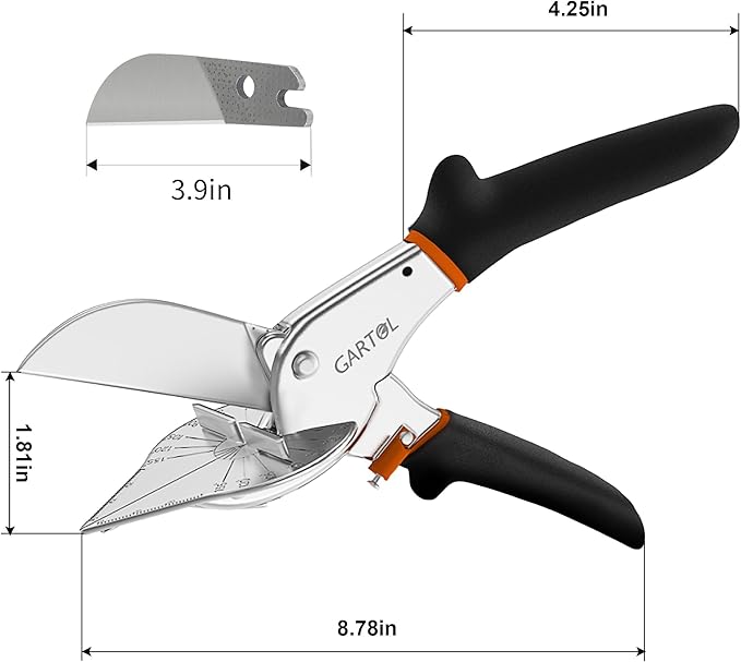 GARTOL Miter Shears, 45-135 Degree Adjustable Angle Scissors, Quarter Round Cutter Tool with Spare SK5 Blades, Trunking Shears for Cutting PVC, Trim and Softwood Moulding (Not for Hardwood)