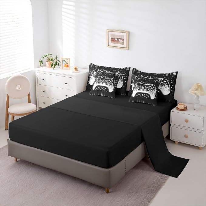Erosebridal Boys Gaming 7 Piece Comforter Set Full Bed in a Bag Ombre Art Honeycomb Bedding Set Grey Neon Lights Sheet Set Game Console Bed Set Geometric Hexagon Beehive Gaming Room Decor