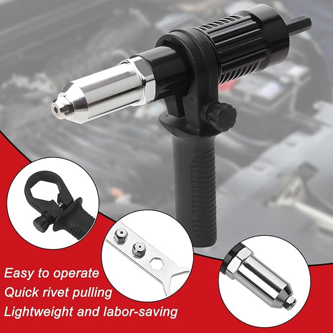 Car Rivet Gun Adapter, Alloy Steel Riveter Gun Adapter Kit with Handle Grip & 4 Rivet Head for Cordless Electric Power Drill, Pop Riveting Nut Tool Drill Attachment, Universal Fit
