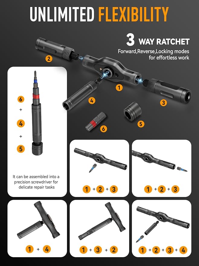 KELIN 68 IN 1 Magnetic Ratchet Screwdriver Set, T Handle Ratchet Screwdriver Kits with S2 Steel Bits for Home Daily Repair, Precision Electrical Appliance Repair, for Men Husband(Orange)