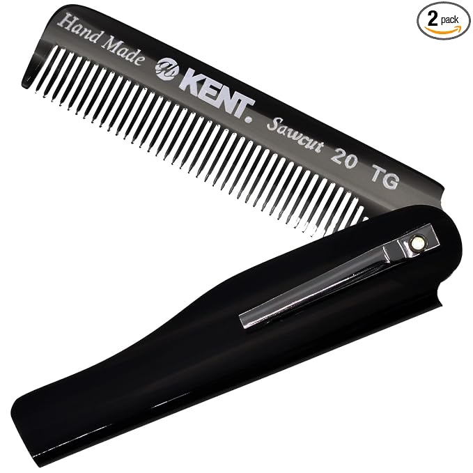 Kent 20T Black Graphite Handmade Folding Pocket Comb for Men, Fine Tooth Hair Comb Straightener for Everyday Grooming Styling Hair, Beard or Mustache, Use Dry or with Balms, Saw Cut, Made in England