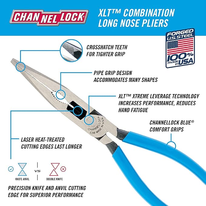 Channellock Needle-Nose Pliers E318 - Long Nose, High Carbon Steel, Blue Handle - 8-Inch Combination