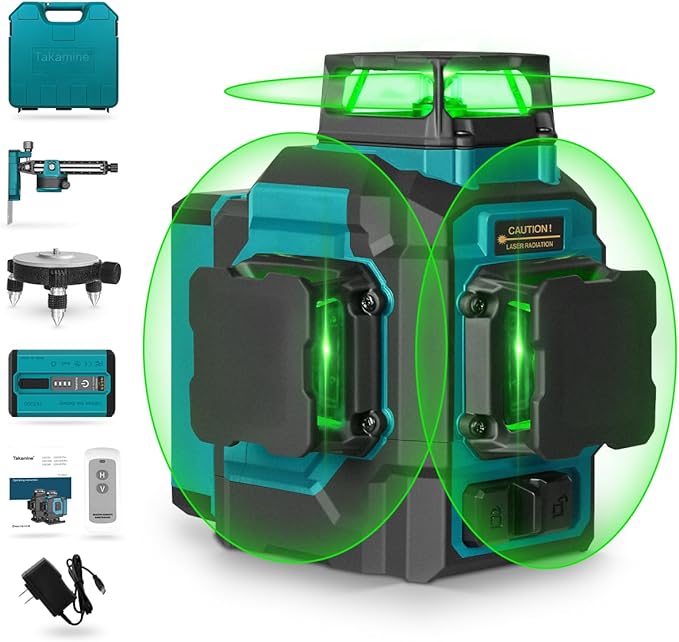 Takamine 3x360° 12 Lines Self Leveling Green Laser Level, 3D Cross Line for Construction/Picture Hanging with Removable Li-ion Battery, Remote Controller, Magnetic Rotating Stand and Hard Case