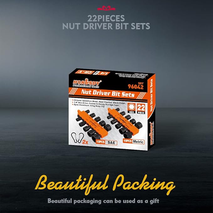 HORUSDY 22-Piece Power Nut Driver Set for Impact Drill, SAE and Metric, 1/4” Nut Driver Hex Keys, Hex Head Drill Bit Set