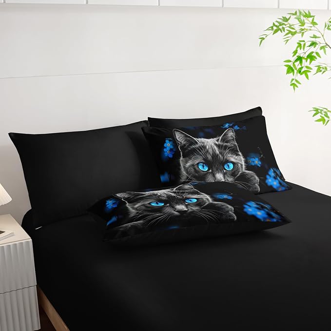 Black Cat Full Comforter Set with Sheets,Animal Themed Cute Cat Bedding Set for Kids Toddler Girls Boys Room Decor,Blue Floral Bedding with Comforter,Fitted Sheet,Flat Sheet,Pillowcases.