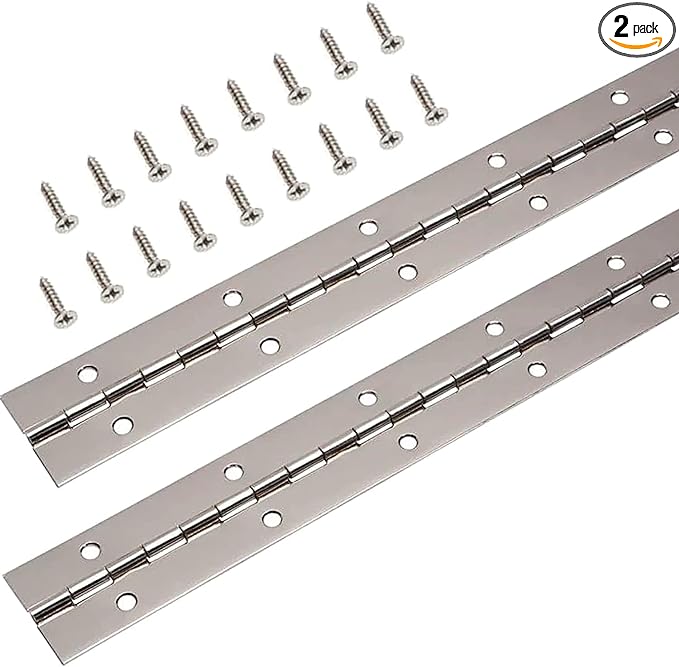 Continuous & Piano Hinges, 2Pcs Stainless Steel Continuous Hinge with Holes, Heavy Duty Polished Stainless Piano Hinges for Boats Cabinets Storage Box Door Windows Screw Included (Silver) (12'')