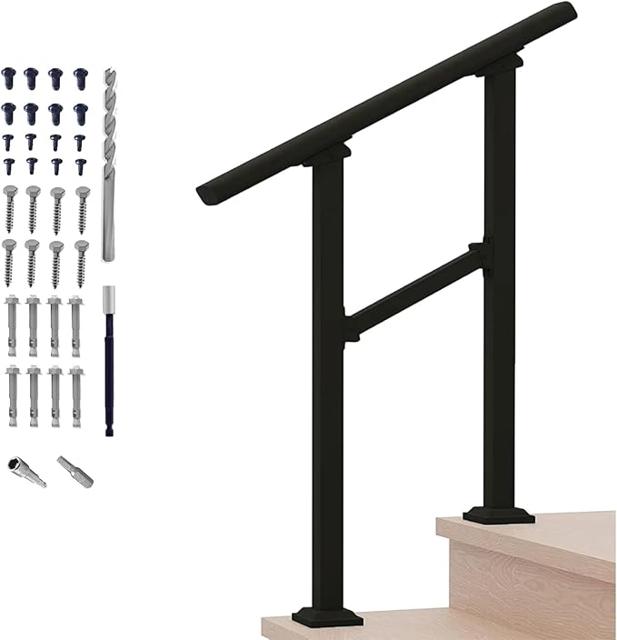 Metty Metal Hand Rails for Outdoor Steps,2-Step Stair Railing | Rustproof iron stair railing , sturdy for seniors & families.Easy to install, fits outdoor steps & yard fences