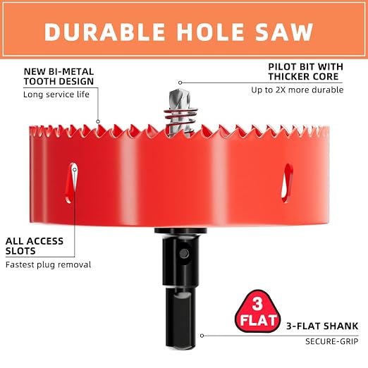 4-1/8 inch Bi-Metal Hole Saw Drill Bit - Ideal for Circular Cuts in Wood, Plastic, and Sheet Metal - 1-3/16" Cutting Depth - Includes Arbor and Pilot Bit