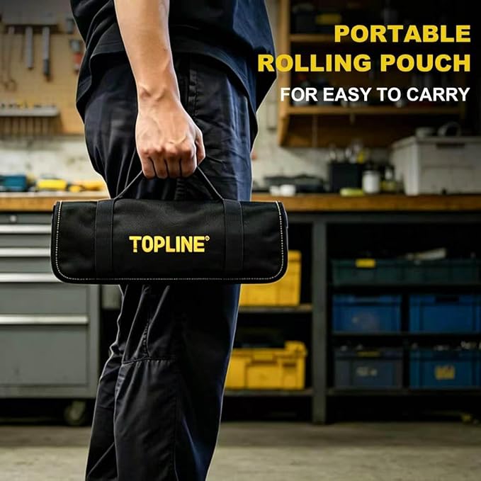 TOPLINE 8-Piece Pliers and Wrench Set with Rolling Pouch | 12”, 10”, 8” Groove Joint, 8” Adjustable Wrench, 7” Linesman, 6” Slip Joint, Long Nose, Diagonal Pliers for Home Repair