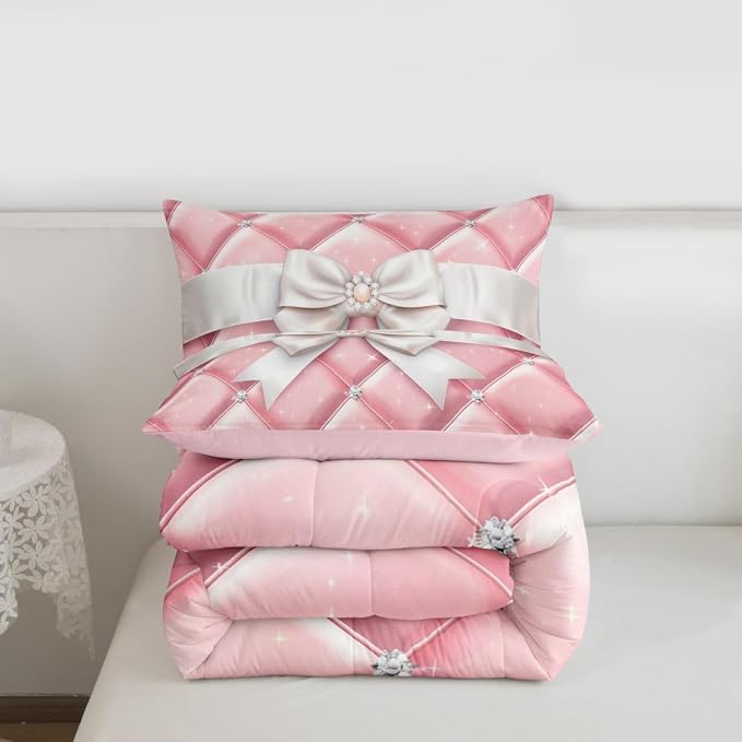 Feelyou Bow Comforter Set King Size Glitter Bowknot Bedding Set for Kids Boys Girls Princess Duvet Quilt Bedroom Decor Microfiber 3 Pcs with 2 Pillow Cases