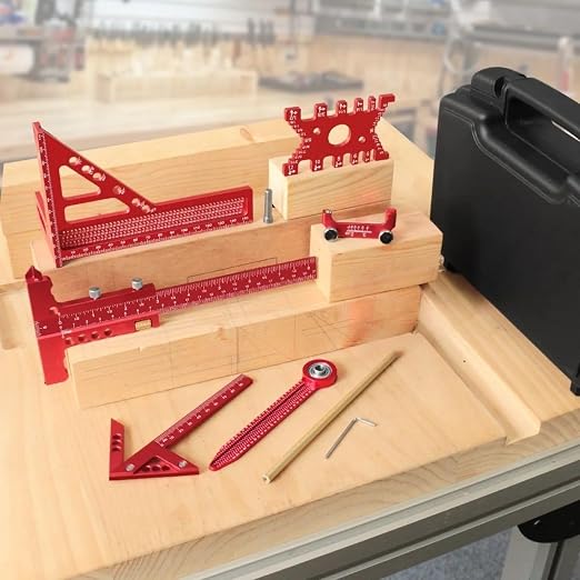 Woodworking Measuring Tools with Box, Aluminum Scribeing Ruler, Multi-Purpose Marking Ruler, Precision Layout Measuring Tool Carpentry Square Kits for Engineer Carpenter (7pcs with Box)