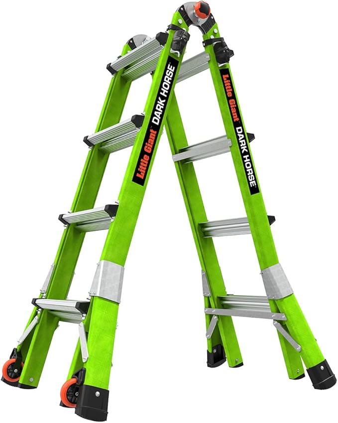 Little Giant Dark Horse 2.0, 17ft Multi-Position Fiberglass Ladder, 300 lbs Weight Rating, Cargo Hold Tool Pouch