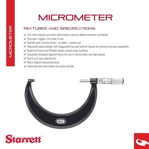 Starrett Outside Micrometer with One-Piece Spindle, Satin Chrome Finish and Advanced Sleeve Design - Quick and Easy Adjustment, 4-5" Range, .0001" Graduation - T436.1XFL-5