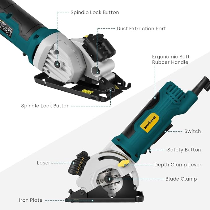 Enventor 4.8A Mini Circular Saw Corded with Laser Guide, 3 Saw Blades | 3-3/8" Power Electric Circular Saw Compact for Wood, Soft Metal, Tile, Plastic, Max Cutting Depth 1-1/16"