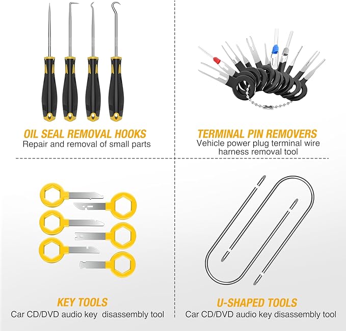 GOOACC 88Pcs Trim Removal Tool, Auto Push Pin Bumper Retainer Clip Set Fastener Terminal Remover Tool Adhesive Cable Clips Removal Kit Car Panel Radio Removal Auto Clip Pliers, Yellow