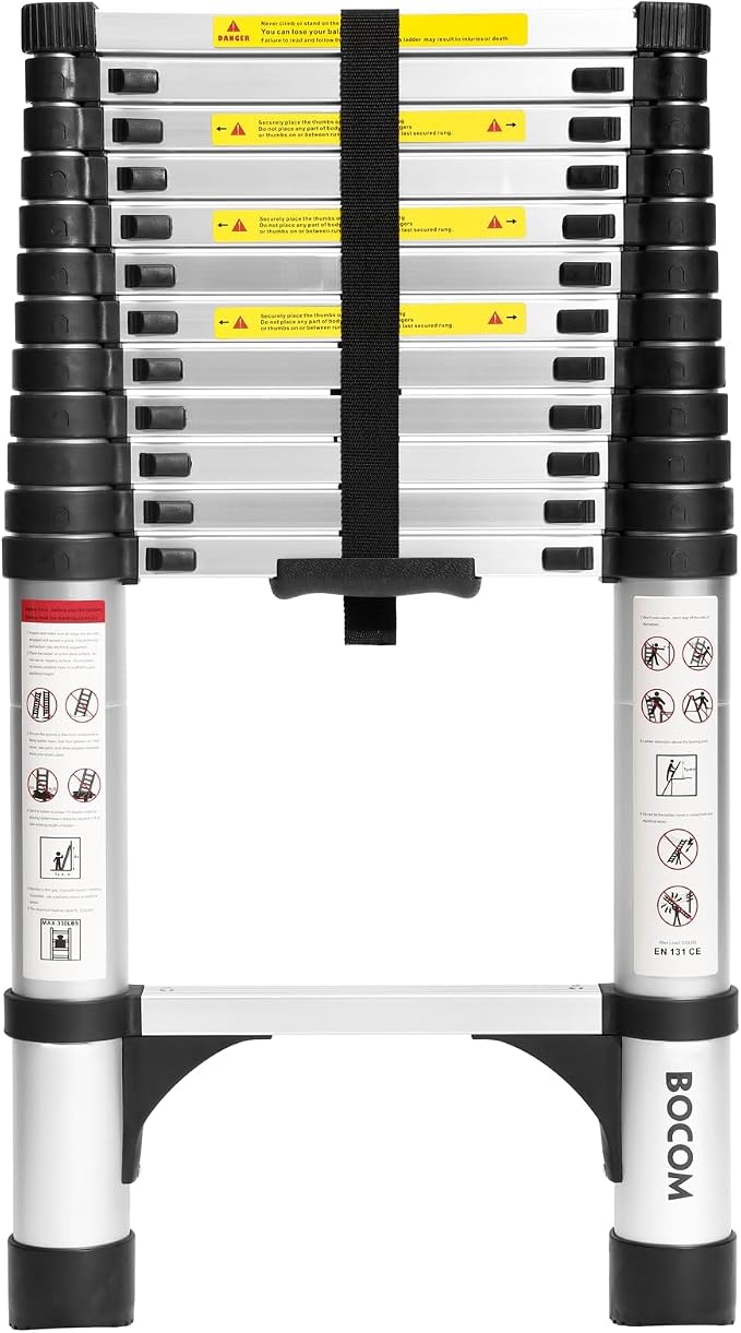 BOCOM 12.5 FT Aluminum Telescoping Ladder, Lightweight Multi-Purpose Collapsible Extension with 2 Triangle Stabilizers, Heavy Duty 330 lbs Max Capacity, Ideal for Home, RV, and Outdoor Work Silver
