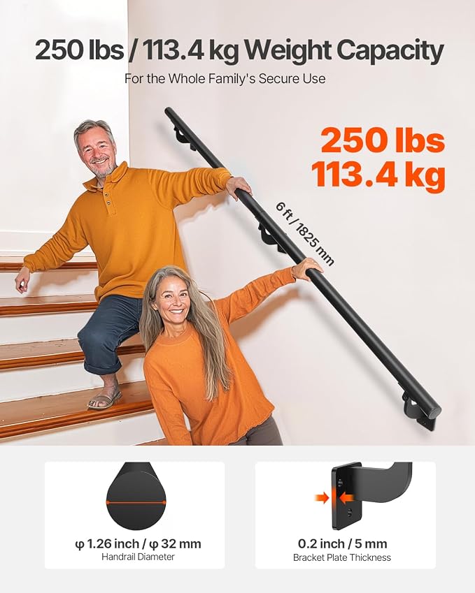 VEVOR Wall Mounted Stair Handrail, 6ft Pipe Staircase Handrail, Black Galvanized Aluminum, 1.26 inch Pipe Diameter, Indoor&Outdoor Staircase Railing,Industrial Hand Rail for Steps,Security Baluster