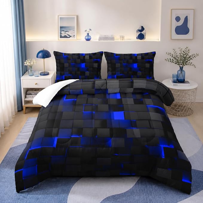 Nttopship Geometric Blue Black Comforter Set,Light Honeycomb 3 Piece Bedding Set Twin Size for Teen Boys,Modern Quilt Set Geometry Decor,Microfiber Lightweight 1 Comforter 2 Pillowcases All Season
