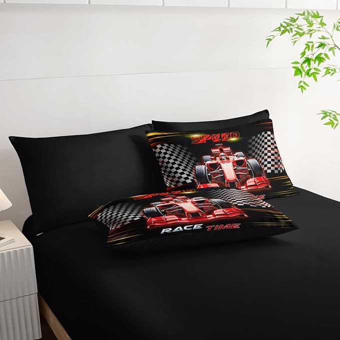 Red Race Car Comforter Set Twin Size,Black White Checkered Racing Flag Bedding Set for Kids Boys Room Decor,7Pcs Cool Sports Themed Bedding with Comforter,Fitted Sheet,Flat Sheet,Pillowcases.