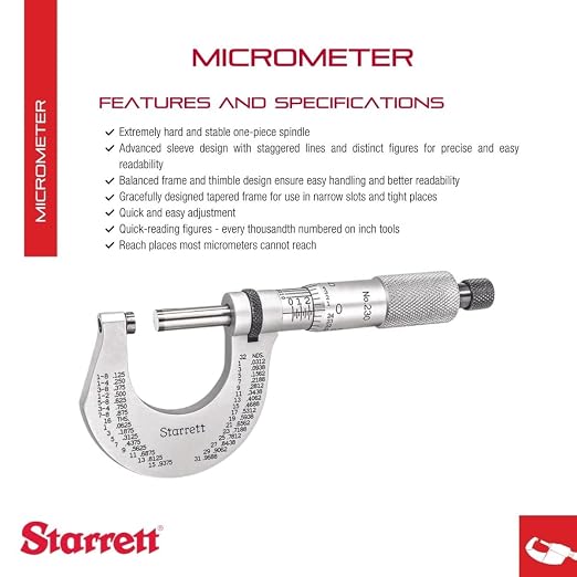 Starrett Outside Micrometer with One-Piece Spindle, Advanced Sleeve Design and Tapered Frame - Quick and Easy Adjustment,0-1" Range, .0001" Graduation - T230XRL
