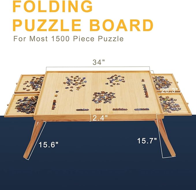 TEAKMAMA 1500Pcs Jigsaw Puzzle Table with 4 Drawers for Adults,Natural | Wooden Jigsaw Foldable Puzzle Board with legs,with Protective Cover,Multifunctional Game Table,34W x 26.3D