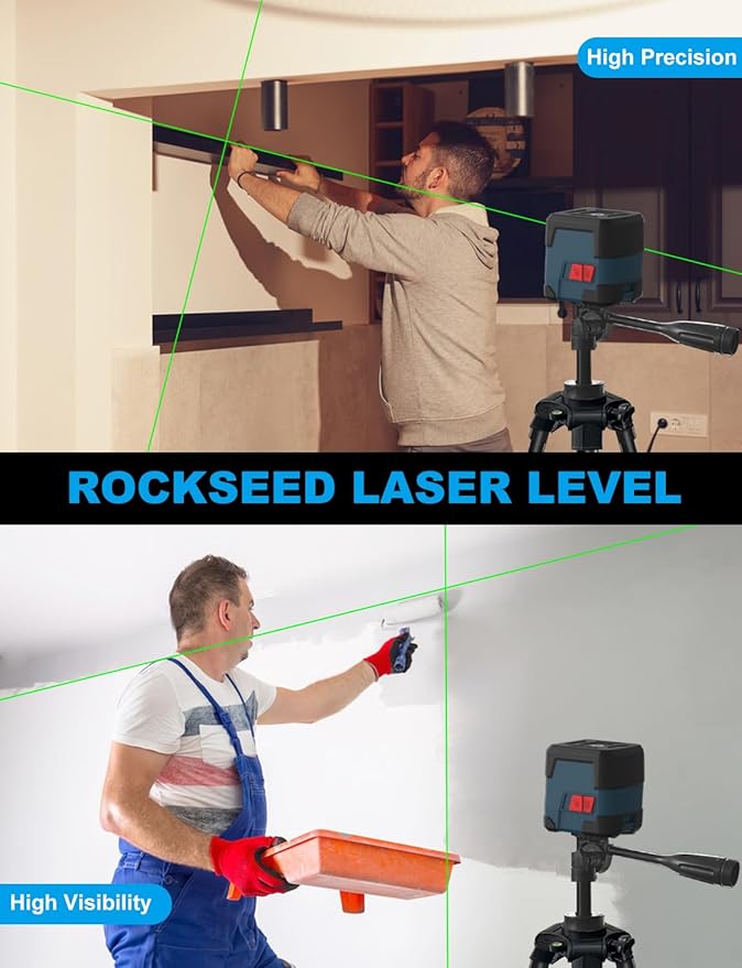 Laser Level, RockSeed Cross Line Laser with Self-Leveling, Vertical and Horizontal Line, Rotatable 360 Degree, Carrying Pouch, Battery Included (Green Laser, 2-Line with 47in Tripod)