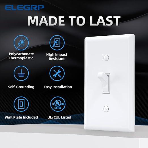 ELEGRP 3 Way Framed Toggle Light Switch, 15 Amp, 120 V, Quiet Self-Grounding, Residential and Commercial Grade, UL Listed (10 Pack, Glossy White)