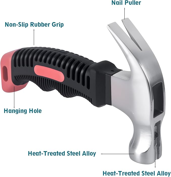 Small Claw Hammer - Mini Hammer for Women&Kids, Camping Hammer, Stubby Tack Hammer, Nail Hammer with Magnetic (Red)