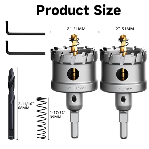 Metal Hole Saw 2''(51mm) 2Pcs Set Heavy Duty Tungsten Carbide Tipped Hole Cutters Set with a nitrided Step Drill and L-flench, for Steel Iron,Aluminum,Stainless stell