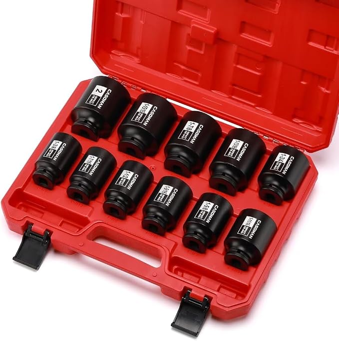 CASOMAN 11PCS 1/2-Inch Drive Large Impact Socket Set, 6 Point, 1-3/8-Inch to 2-Inch, SAE Spindle Axle Nut Impact Socket Set, CR-MO