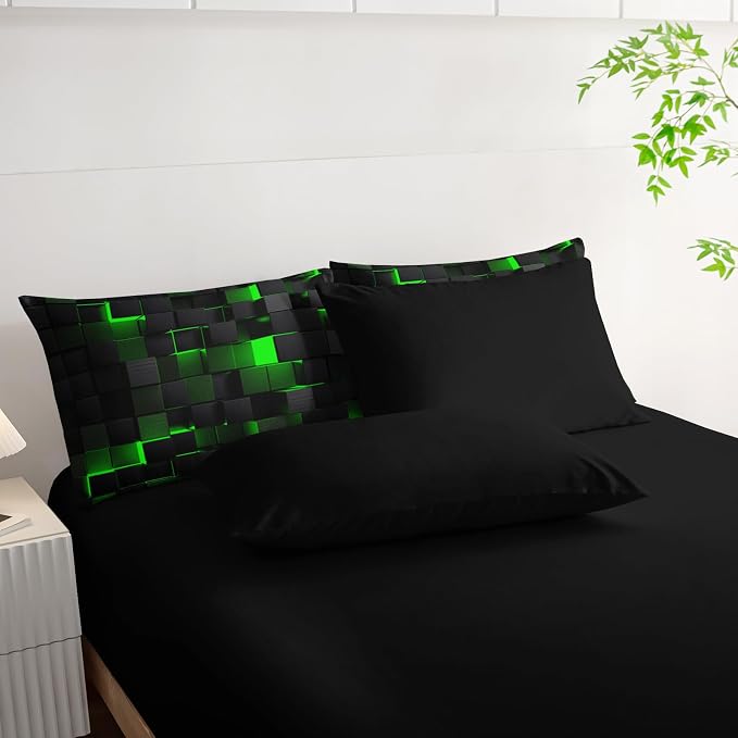 Nttopship Geometric Green Black Twin Comforter Set,Light Honeycomb Bedding Set 7 Piece in A Bag,Bed Sheet Set Geometry Decor,Microfiber Lightweight All Season