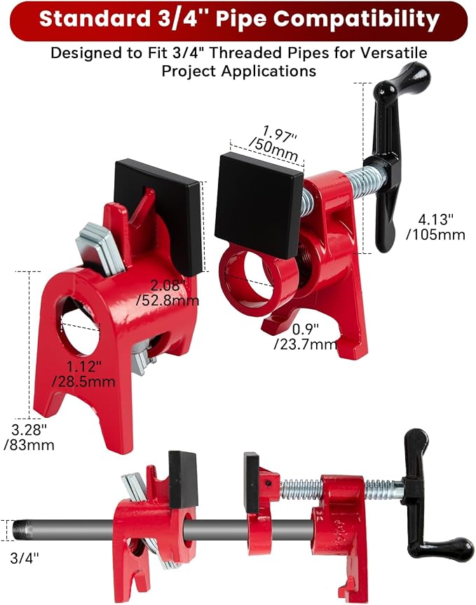 ATPEAM 3/4'' Pipe Clamps for Woodworking Heavy Duty Cast Iron Wood Gluing Pipe Clamp Set for Woodworking, Carpentry, Home Improvement, and DIY Jobs (6)
