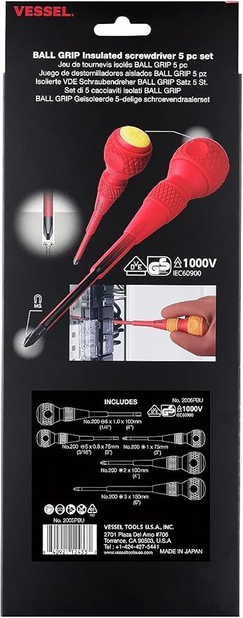 VESSEL BALL GRIP Insulated Screwdriver 5PC. Set No.2005PBU made in Japan by VESSEL