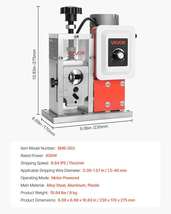 VEVOR Electric Wire Stripping Machine, 0.06-1.57 in, 400W Automatic Motorized Cable Stripper, 9.84 IPS (15 m/min) Wire Peeler with Blades, V-Shaped Rollers, Cooling Fan, for Scrap Copper Recycling