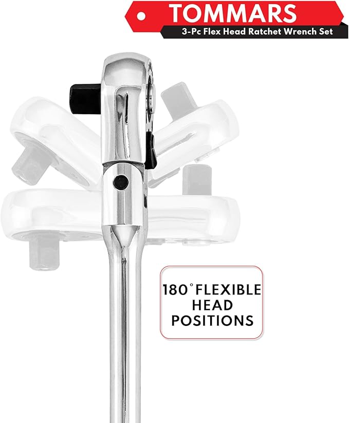 TOMMARS Flex-Head Stubby Ratchet Set, 1/4", 3/8", 1/2" Drive Flexible Mini Small Ratchet Handle Wrench 72-Tooth Quick-Release Reversible Gift for Men Mechanic Hand Tools